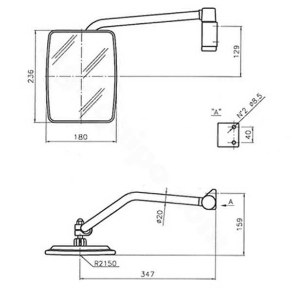 Espejo Retrovisor 236 x 180Mm Con Soporte Varilla Ø 20Mm Plano Izquierdo Para Tractor Case-Ih, New Holland, Steyr